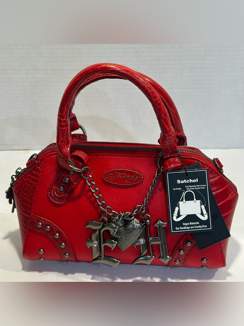 Ed Hardy Red  Satchel Handbag with Charm Accents - Picture 3 of 13